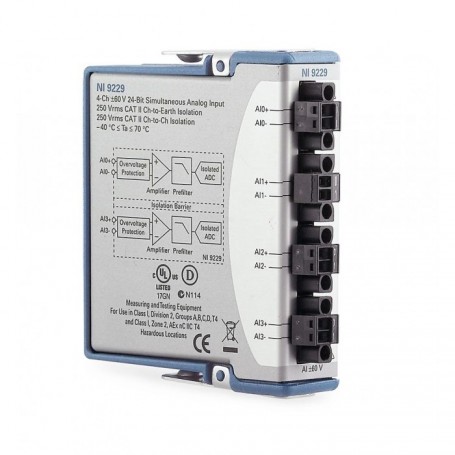 779785-02 : NI 9229 Module d'entrée analogique isolé v./v., 4 voies, ± 60 V, 50 kéch./s/voie, 24 bits, avec revêtement conforme