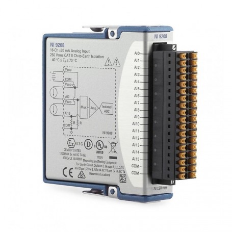 785041-01 : NI 9208 Module d’entrée analogique, 16 voies de courant, +/- 21,5 mA, 24 bits, 500 éch./s, borne à ressort