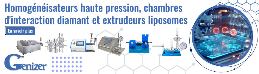 Homogénéisateurs haute pression, chambres d'interaction diamant et extrudeurs liposomes